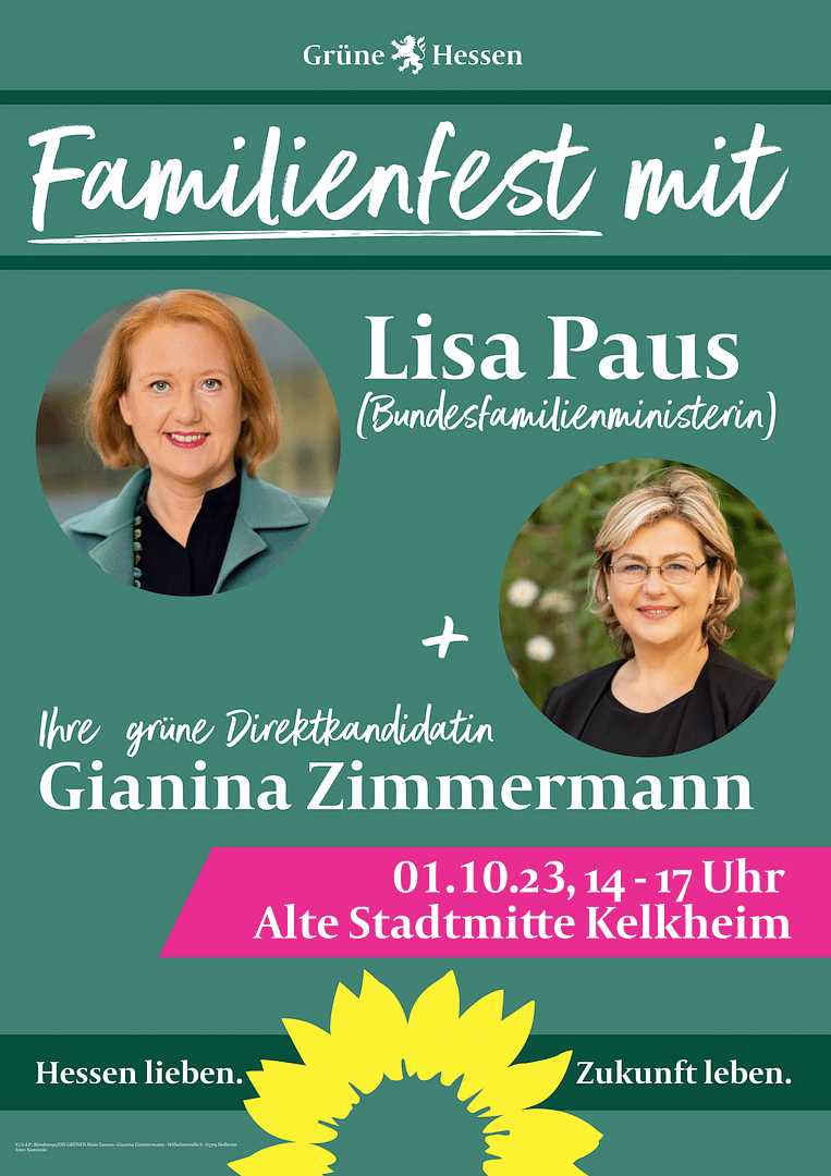 Grünes Familienfest in Kelkheim mit Lisa Paus am 1. Oktober von 14 bis 17 Uhr in der Kelkheimer Altstadt (Stadtmitte-Süd).