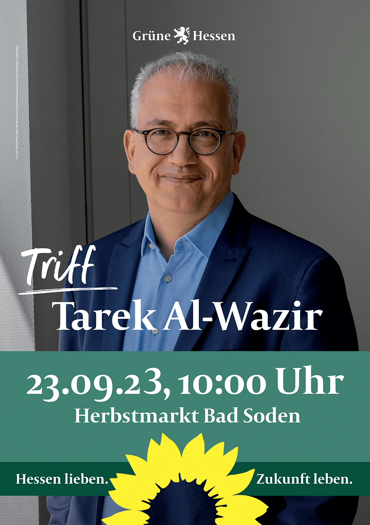 Tarek Al-Wazir beim Wochenmarkt in Kelkheim, Samstag, 23.09.2023 von 8:30 – 9:30 Uhr und beim Herbstmarkt in Bad Soden-Neuenhain von 10 bis 11:30 Uhr.